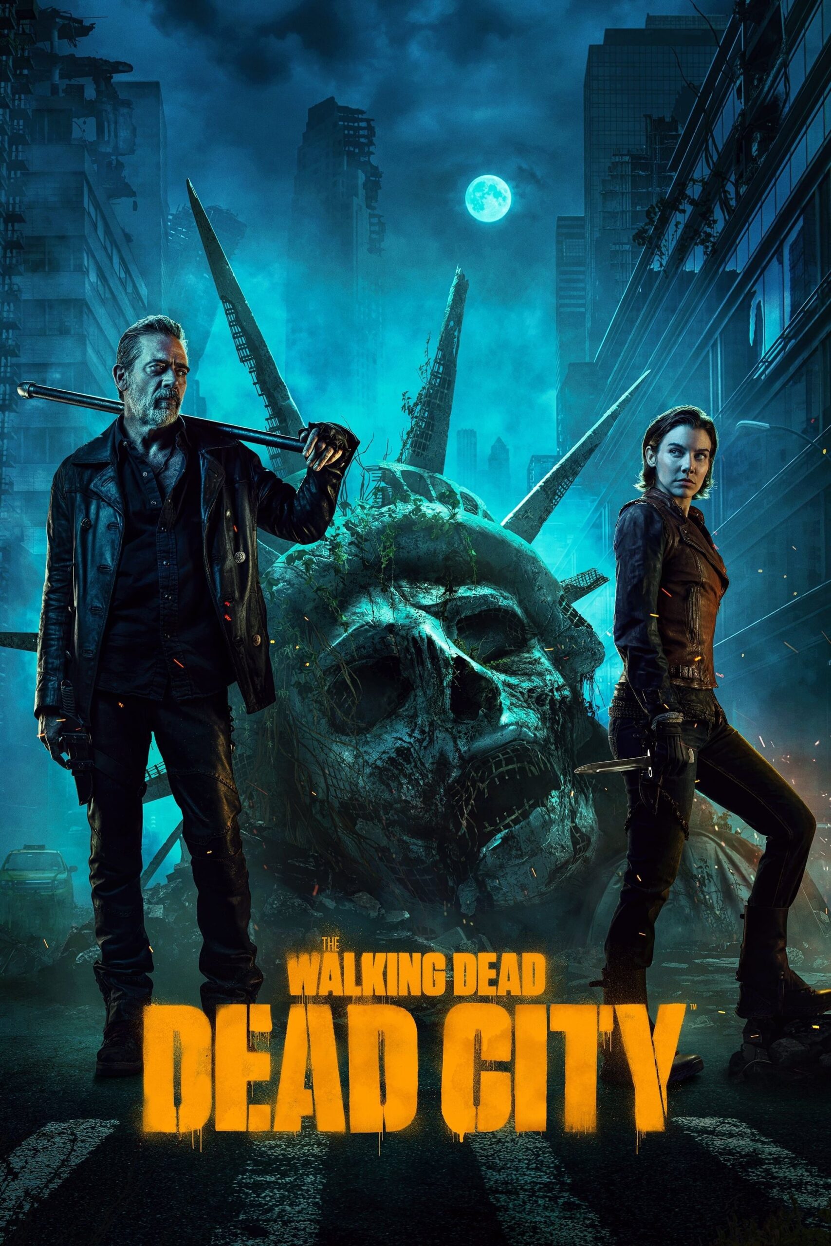 Two people stand in a dark, ruined city with the Statue of Liberty’s decaying head behind them. Blue tones and rising smoke set a dramatic mood, amplifying the sense of chaos. Bold yellow letters at the bottom read The Walking Dead: Dead City—a must-see for fans looking to purchase IPTV and stream gripping post-apocalyptic drama from anywhere.