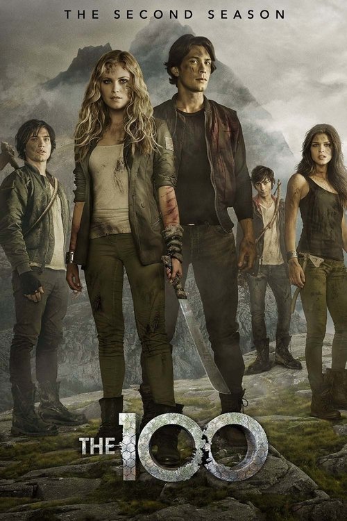 Five young adults stand on rocky terrain in dramatic, rugged clothing, with mountains and cloudy skies in the background. The text reads The Second Season at the top and The 100 at the bottom. Discover every intense episode when you purchase IPTV for seamless streaming of your favorite show.