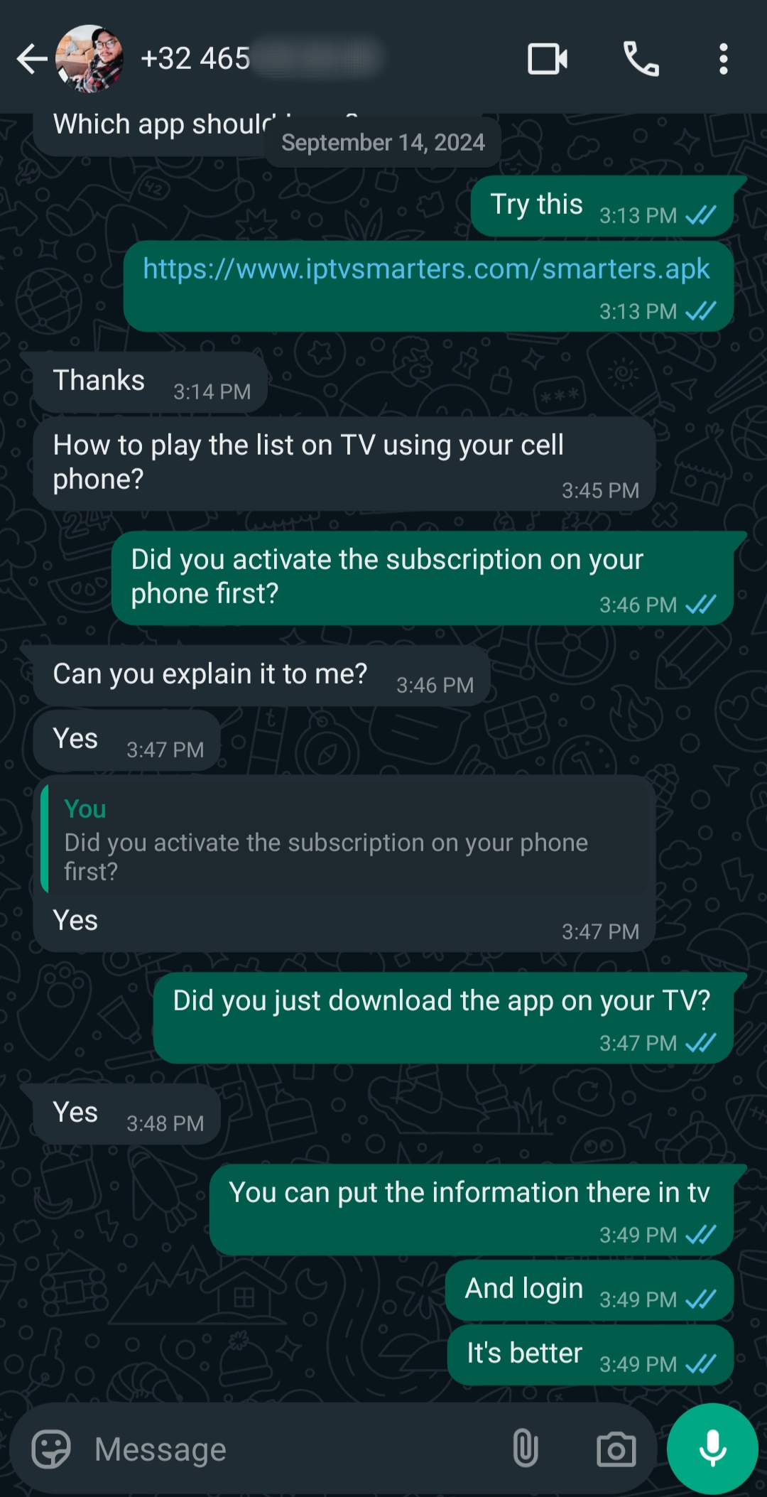 WhatsApp chat discussing how to activate and use an app for watching TV, with one person giving step-by-step instructions on how to purchase IPTV and responding to questions about logging in and using a cellphone for setup.