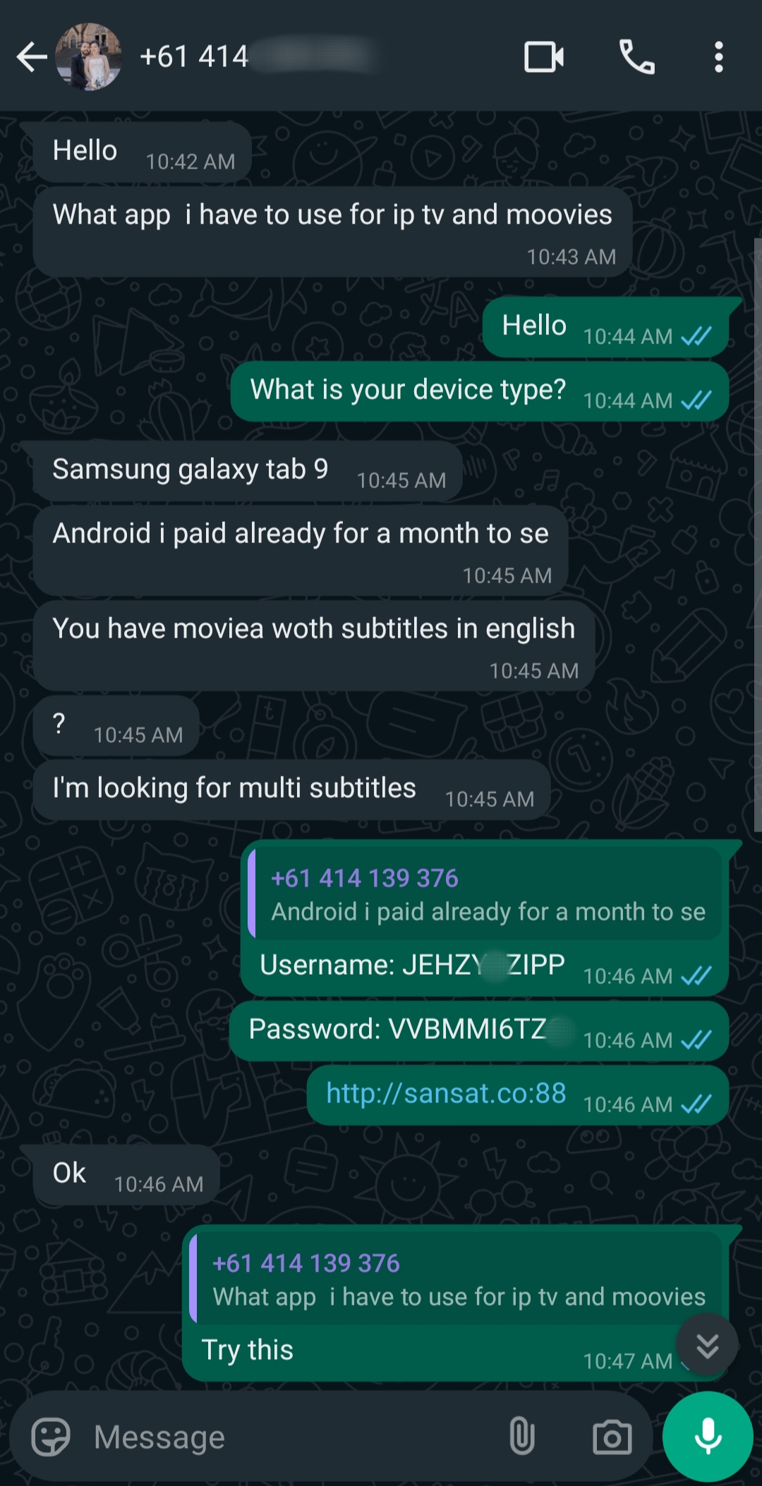 A WhatsApp chat shows a user asking for an app to watch IPTV and movies, sharing device details, and receiving a username, password, and link for access after agreeing to purchase IPTV, with follow-up about subtitle options.