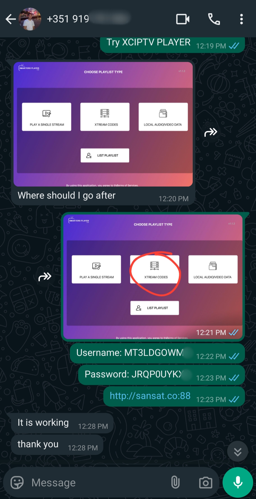 A WhatsApp chat showing screenshots of an app, with one message circling XTREAM CODES. Below, login details are shared for a recent Purchase IPTV transaction, followed by confirmation that it is working and a thank you message.
