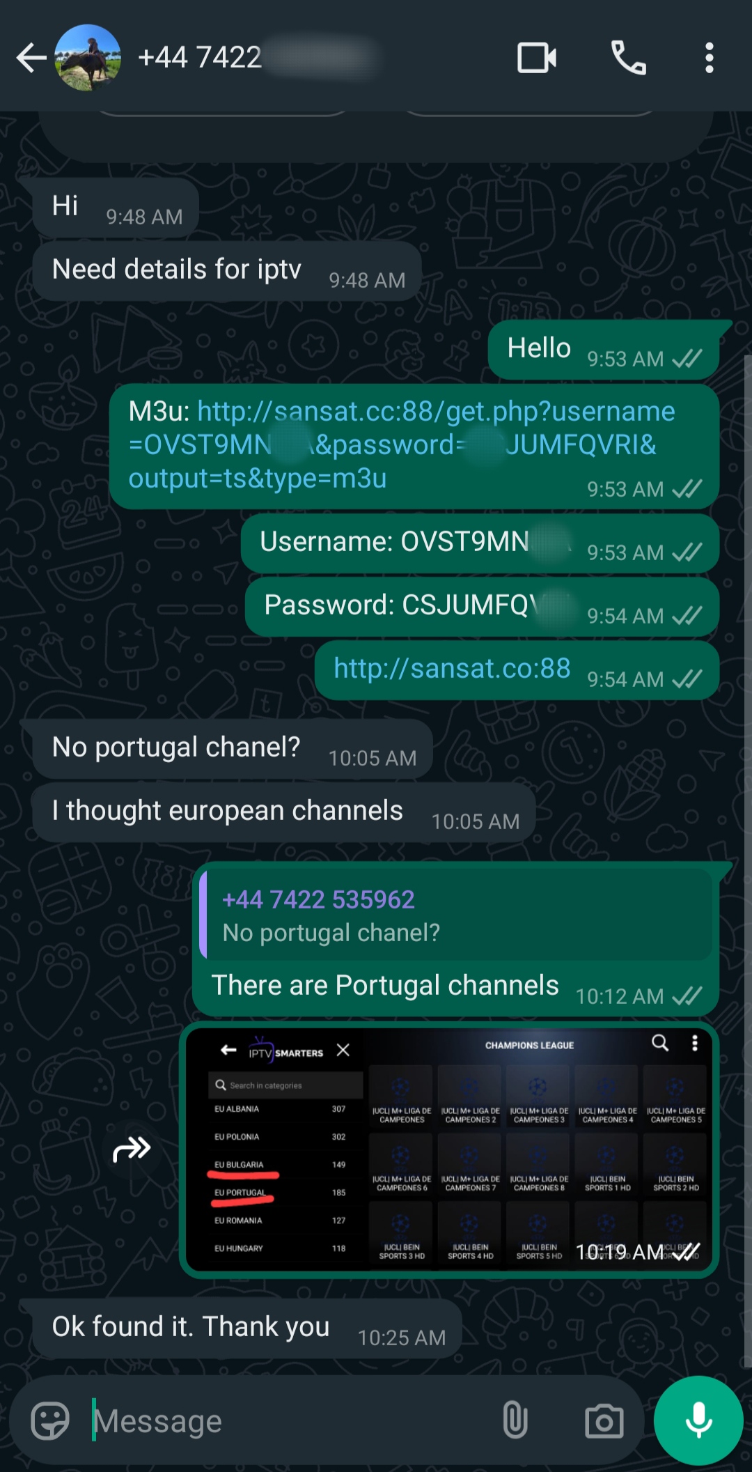 A WhatsApp chat shows a user asking to purchase IPTV details, receiving login info and a link. They ask about Portuguese channels, and a screenshot is shared showing a list of Portuguese channels. The user confirms and thanks them.