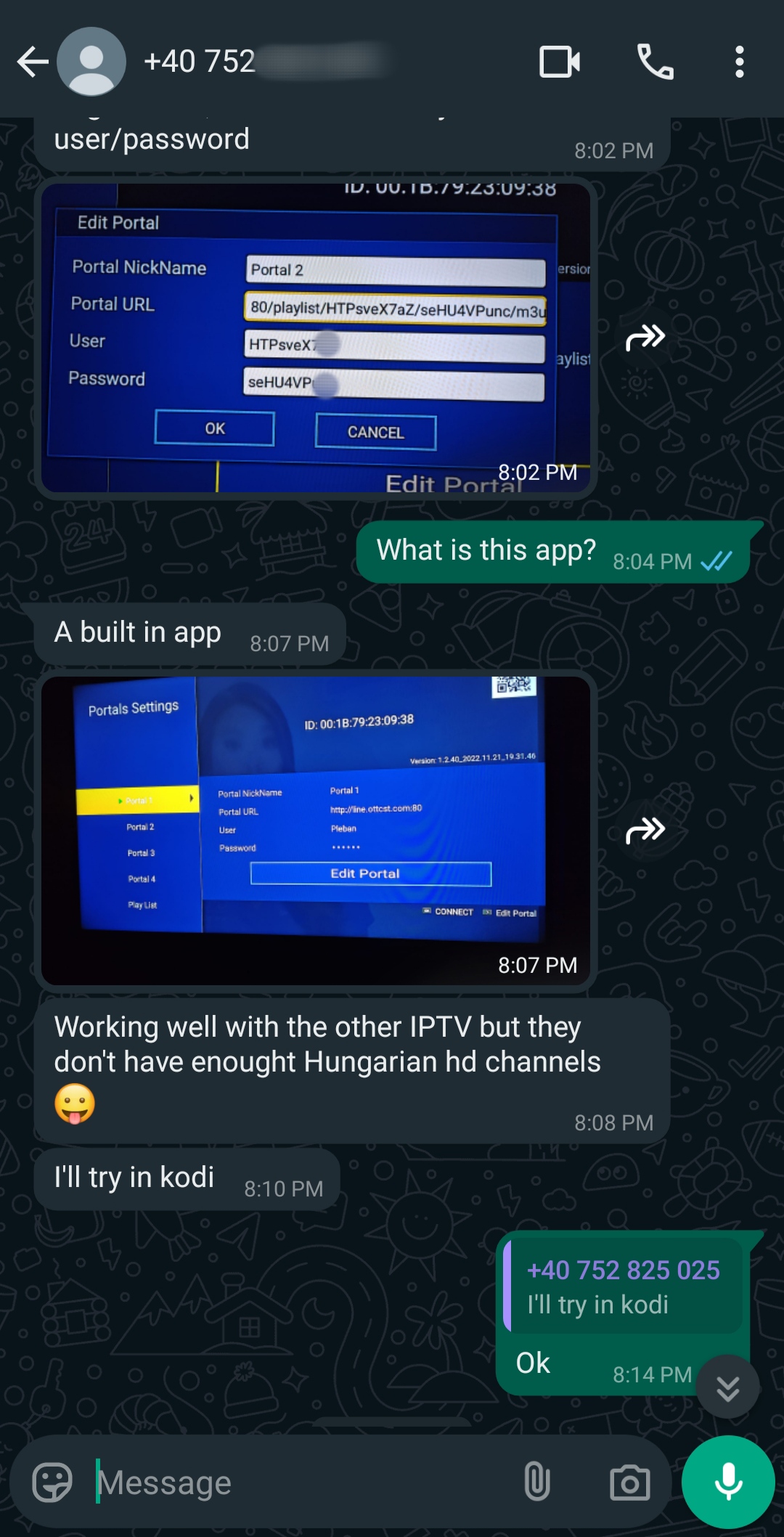 A WhatsApp chat showing screenshots of a blue IPTV portal setup menu, with users discussing the app, Hungarian channels, and mentioning trying Kodi. One message includes a phone number shared in a green bubble, while others talk about where to purchase IPTV for more viewing options.