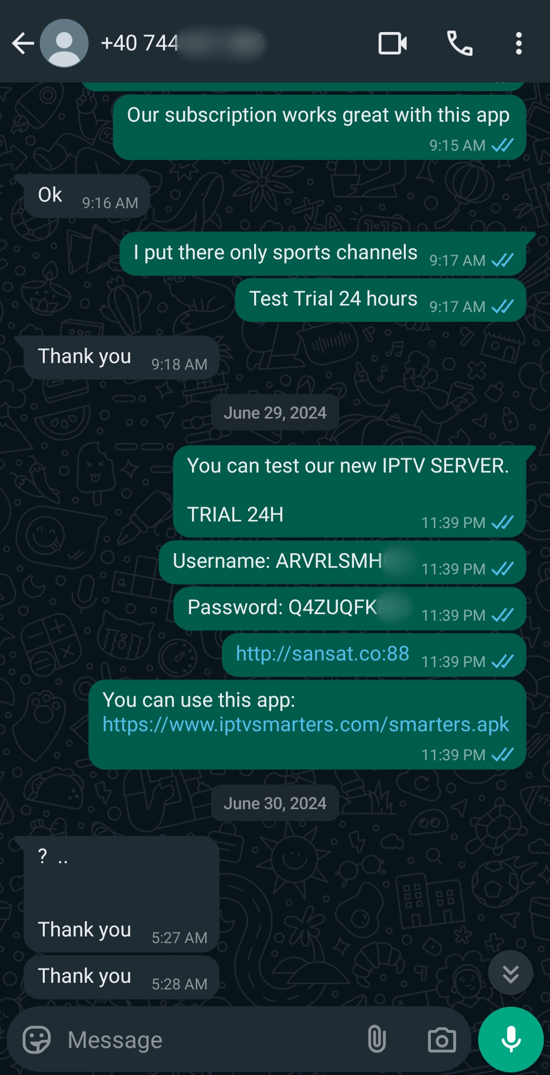 A WhatsApp chat shows a customer requesting and receiving IPTV server trial details, including username, password, and app link, for sports channels. The conversation also includes mentions of how to purchase IPTV after testing the service. Messages thank the sender and confirm receipt of the trial information.
