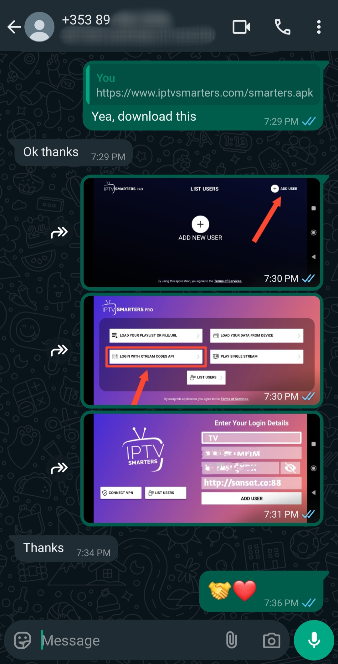 A WhatsApp chat shows a link to download IPTV Smarters, followed by three screenshots with step-by-step instructions on adding a user and entering login details after you purchase IPTV. The chat ends with handshake and heart emojis.