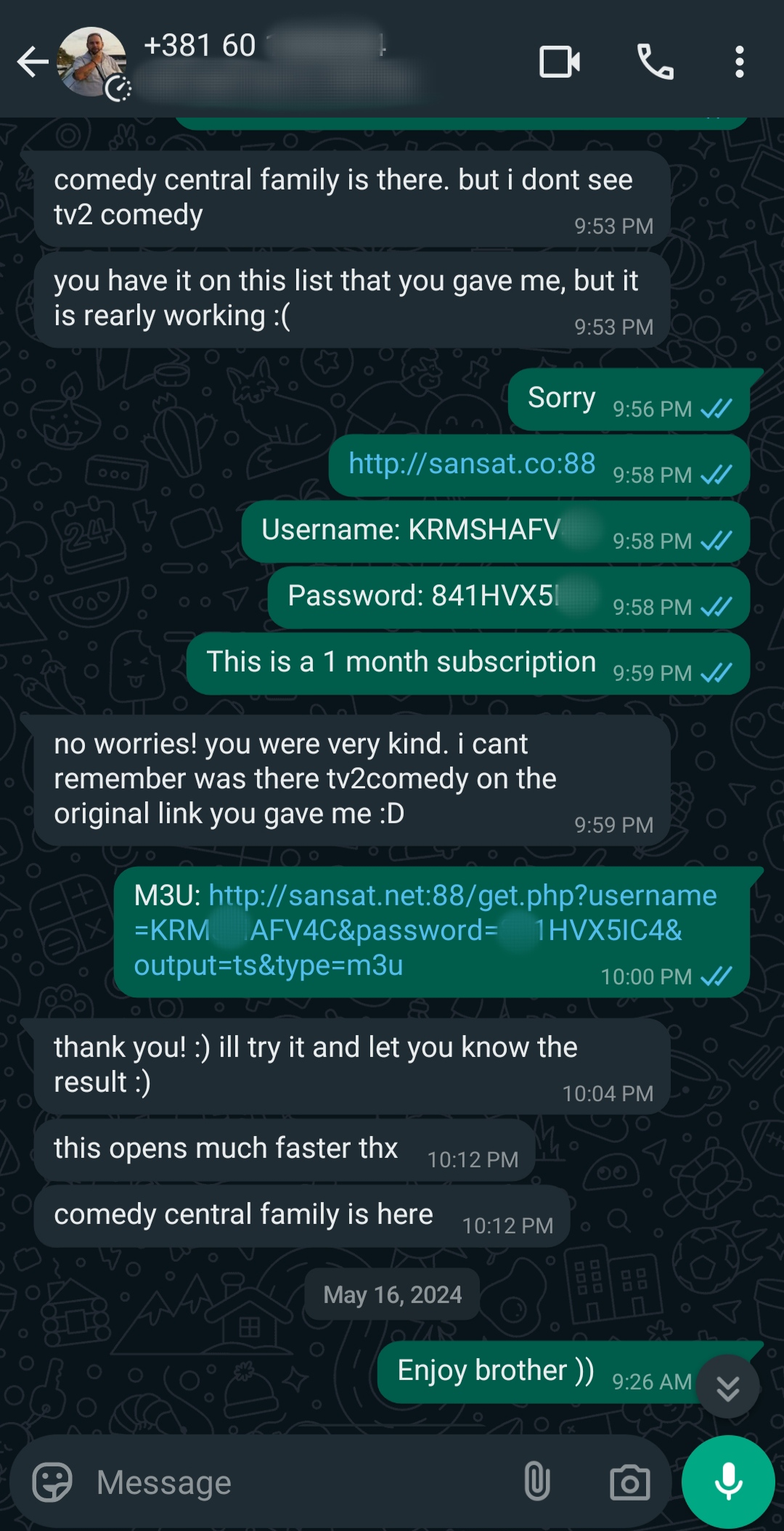 A WhatsApp chat shows users discussing how to purchase IPTV services for accessing TV channels via a streaming link, including sharing a username, password, and M3U link. One user confirms the method works and thanks the other for their help.