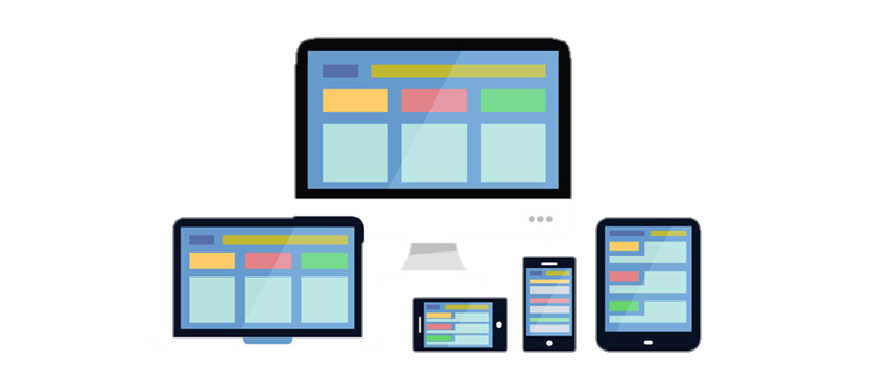 Illustration of a desktop computer, laptop, tablet, and two smartphones displaying similar colorful website layouts, representing responsive web design across multiple devices—ideal for users looking to purchase IPTV and enjoy seamless streaming on any screen.