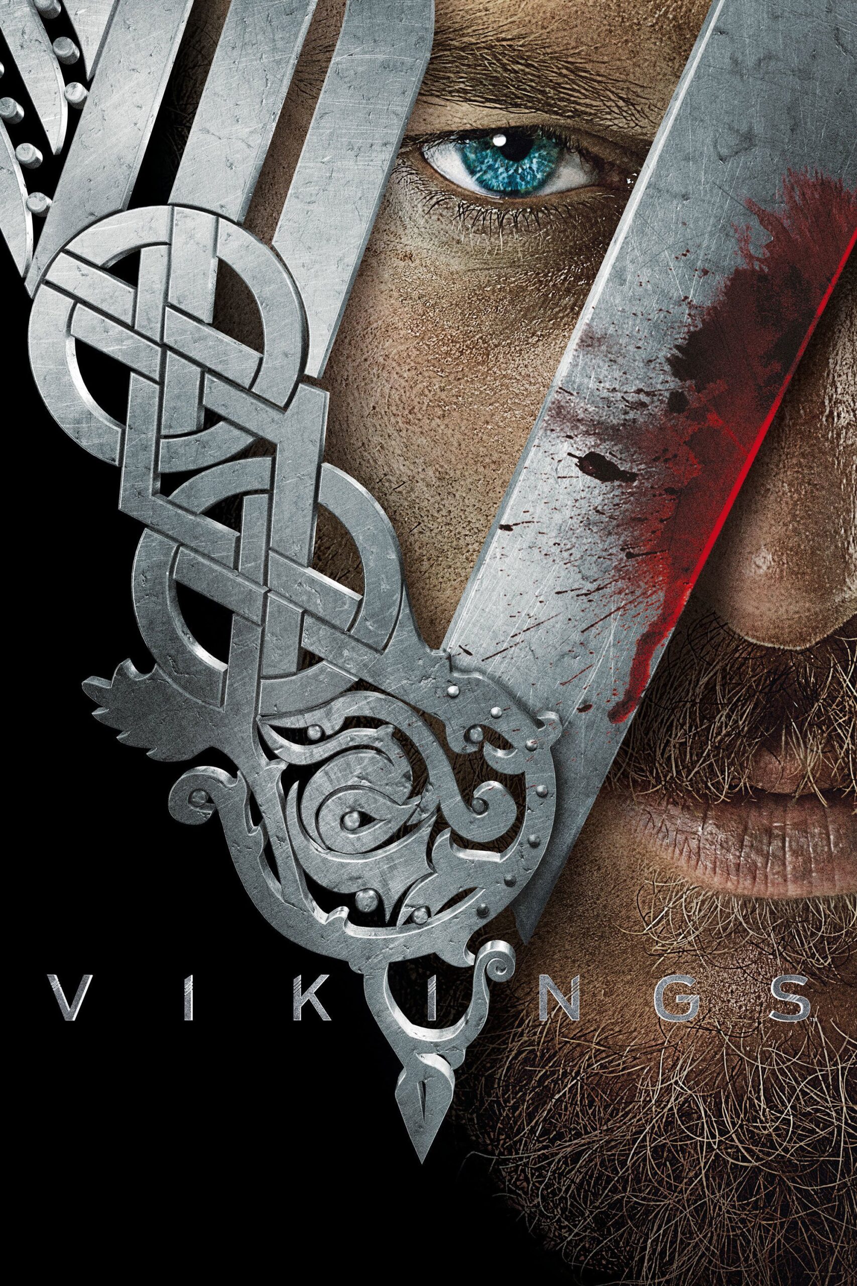 A close-up of a man's intense blue eye and beard, partially covered by a Viking helmet with a knot design and bloodstain. The word VIKINGS appears at the bottom, capturing the fierce spirit of ancient warriors—an image as bold and vivid as when you purchase IPTV for unparalleled entertainment.