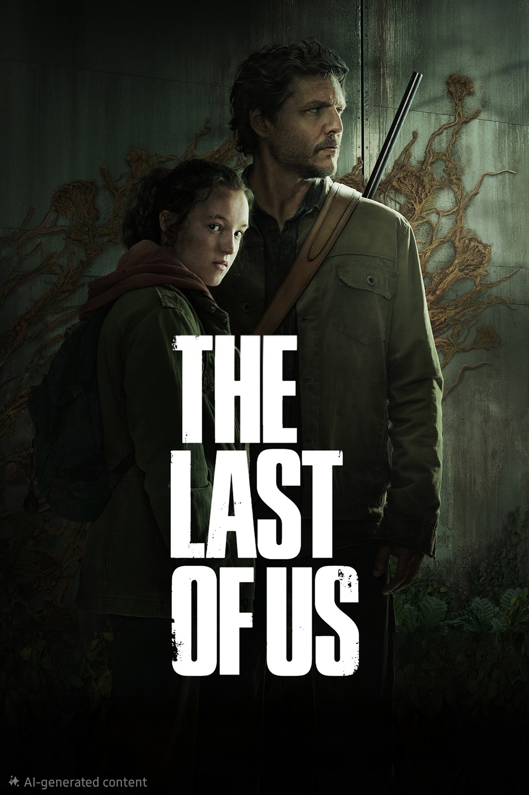 A man holding a rifle stands protectively beside a young girl. Both look serious. Large white text reads The Last of Us. Fungal growth appears on the wall behind them, highlighting the tense and dramatic mood—perfect for those looking to purchase IPTV and stream gripping stories like this one.