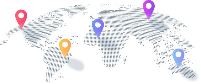 A dotted world map with five colorful location pins placed across different continents, highlighting various global points.