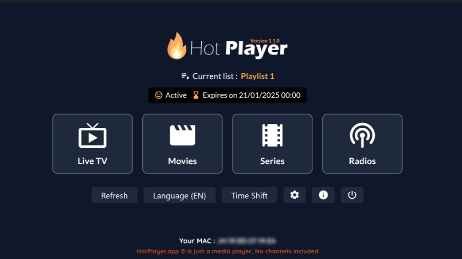 Hot Player app interface showing options for Live TV, Movies, Series, and Radios. A playlist is active, expiring on 21/01/2025. Easily manage your experience with buttons for refresh, language, and time shift at the bottom—or purchase IPTV directly to unlock even more premium content.
