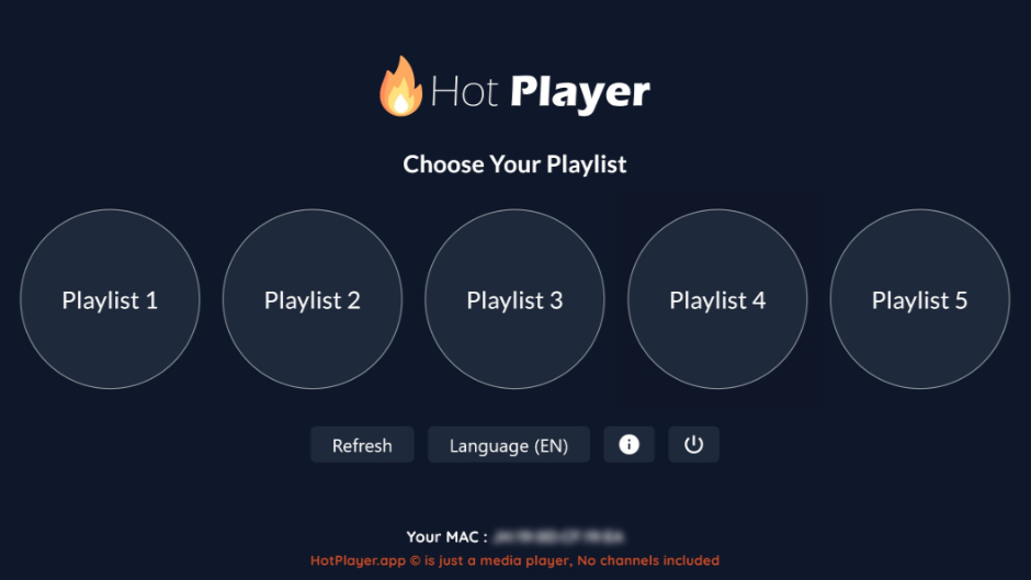 Hot Player app screen showing five circular playlist buttons labeled Playlist 1 to Playlist 5, with refresh, language, and power buttons below. Footer displays MAC address, disclaimer text, and information on how to purchase IPTV for seamless content streaming.