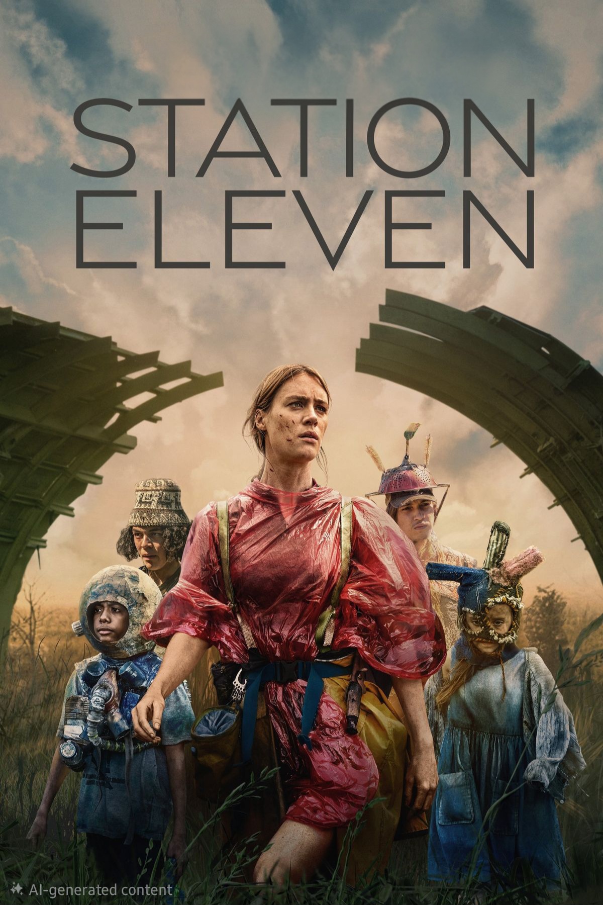 Four people in colorful, makeshift costumes stand in tall grass beneath a split, arching structure, with dramatic clouds and the words STATION ELEVEN above them—a striking scene you can revisit anytime when you purchase IPTV.